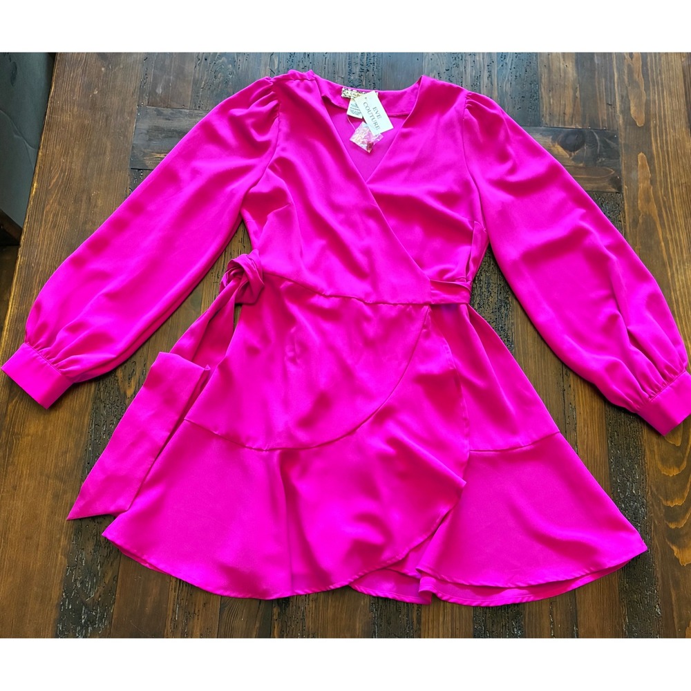 Flying Tomato VNeck Puff Long Sleeve Wrap Tie Ruffle Hem Women's Large Hot Pink - Picture 2 of 5